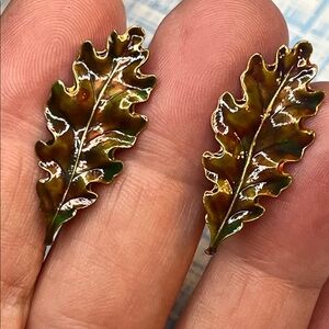 Enamel Oak Leaf Earrings — Green & Brown Screw Back